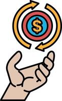 A hand holding a dollar sign with a red arrow pointing to the left vector