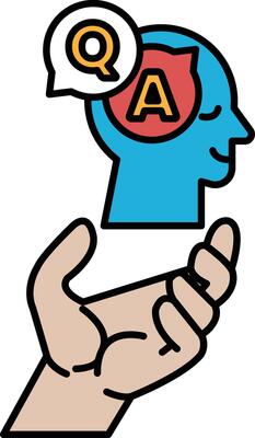 A hand holding a head with the letters Q and A on it