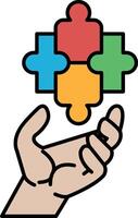A hand holding a puzzle piece with a blue square in the middle vector