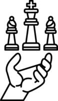 hand is holding three chess pieces with one of them being a king vector