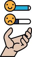 A hand is holding a smiley face and a frowning face vector