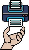 A hand holding a printer and a stack of paper vector