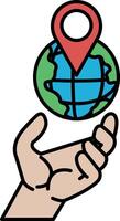 A hand holding a globe with a red and green pin on it vector