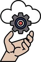 A hand holding a gear with a cloud in the background vector