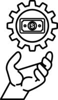 hand holding a dollar bill in front of a gear vector