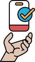 A hand holding a cell phone with a check mark on it vector