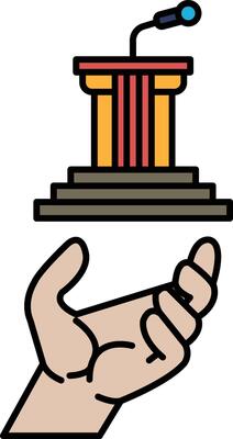A hand is holding a microphone and a podium