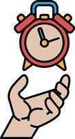 A hand holding a red alarm clock with the time of 1030 vector
