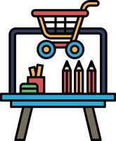 A colorful drawing of a shopping cart with a basket on top vector