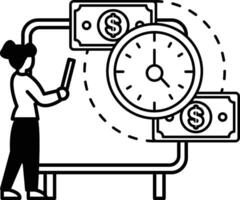 woman is standing in front of a white board with a clock and some money vector