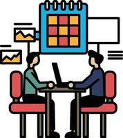 Two men sitting at a table with a calendar behind them vector