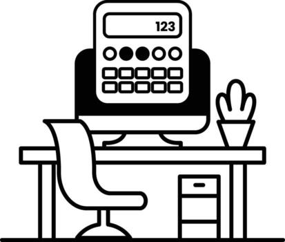 computer monitor sits on a desk with a calculator and a potted plant vector