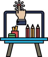 A stylized drawing of a hand pointing to a laptop with a red button vector