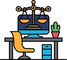 A computer monitor sits on a desk with a potted plant and a chair vector