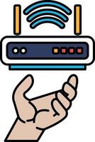 A hand is holding a Wi-Fi router vector
