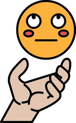 A hand is holding a yellow face with a red blush