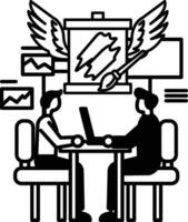 men sitting at a table with laptops one of them holding a paintbrush vector