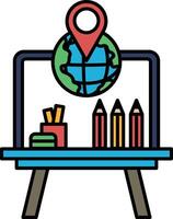 A laptop is on a desk with a globe and pencils vector