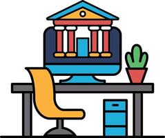 A computer monitor is on a desk with a chair and a potted plant vector