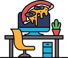 A computer monitor is covered in melted cheese and pepperoni vector