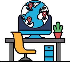 A computer monitor with a globe on it and a plant in the foreground vector
