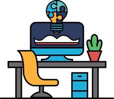 A computer monitor with a light bulb on it is on a desk with a chair vector