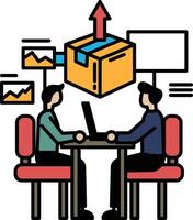 Two men sitting at a table with a box in the middle vector