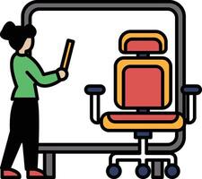 A woman is standing in front of a white board with a chair in the background vector