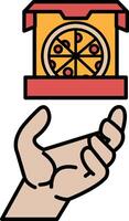 A hand holding a pizza box with a pizza inside vector