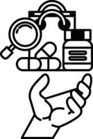 hand holding a bag of pills and a bottle of pills vector
