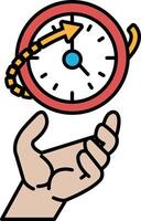 A hand holding a clock with the hands pointing to the numbers 1 and 12 vector