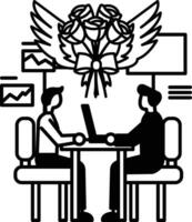men sitting at a table with a bouquet of roses in the background vector