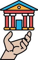 A hand is holding a building in front of it vector