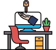 A computer monitor with a hand on it and a key on the screen vector