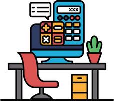 A computer monitor with a calculator on it sits on a desk vector