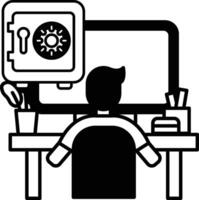 man is sitting at a desk with a computer monitor and a safe behind him vector