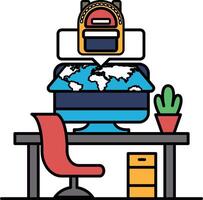 A computer monitor with a globe on it and a backpack on the screen vector