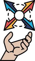 A hand is holding a ball with four arrows pointing in different directions vector