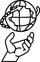 hand is holding a globe with an arrow pointing to the right vector