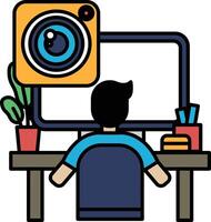 A man is sitting at a desk with a computer monitor and a camera vector