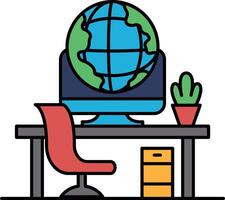 A computer monitor sits on a desk with a globe and a potted plant in front of it vector