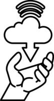 hand is holding a cloud with a downward arrow pointing to it vector