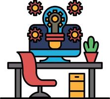 A computer monitor with a light bulb on it and a bunch of gears surrounding it vector