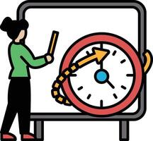 A woman is standing in front of a clock that is red and white vector