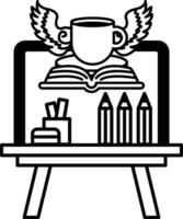laptop is on a desk with a cup pencils and a book vector