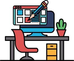A computer monitor with a pencil on it and a red chair in front of it vector