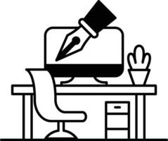 computer monitor with a pen on it sits on a desk with a chair vector