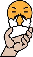 A cartoon of a hand holding a face with a mouth open and blowing out smoke vector