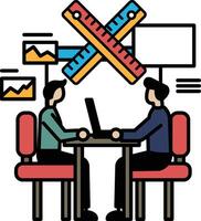 Two men sitting at a table with a ruler and a laptop vector