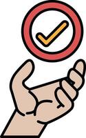 A hand holding a red circle with a check mark in the middle vector